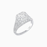 Art Deco Inspired Emerald Cut Baguette Halo Ring with Engraved Shoulders - Shahin Jewelry